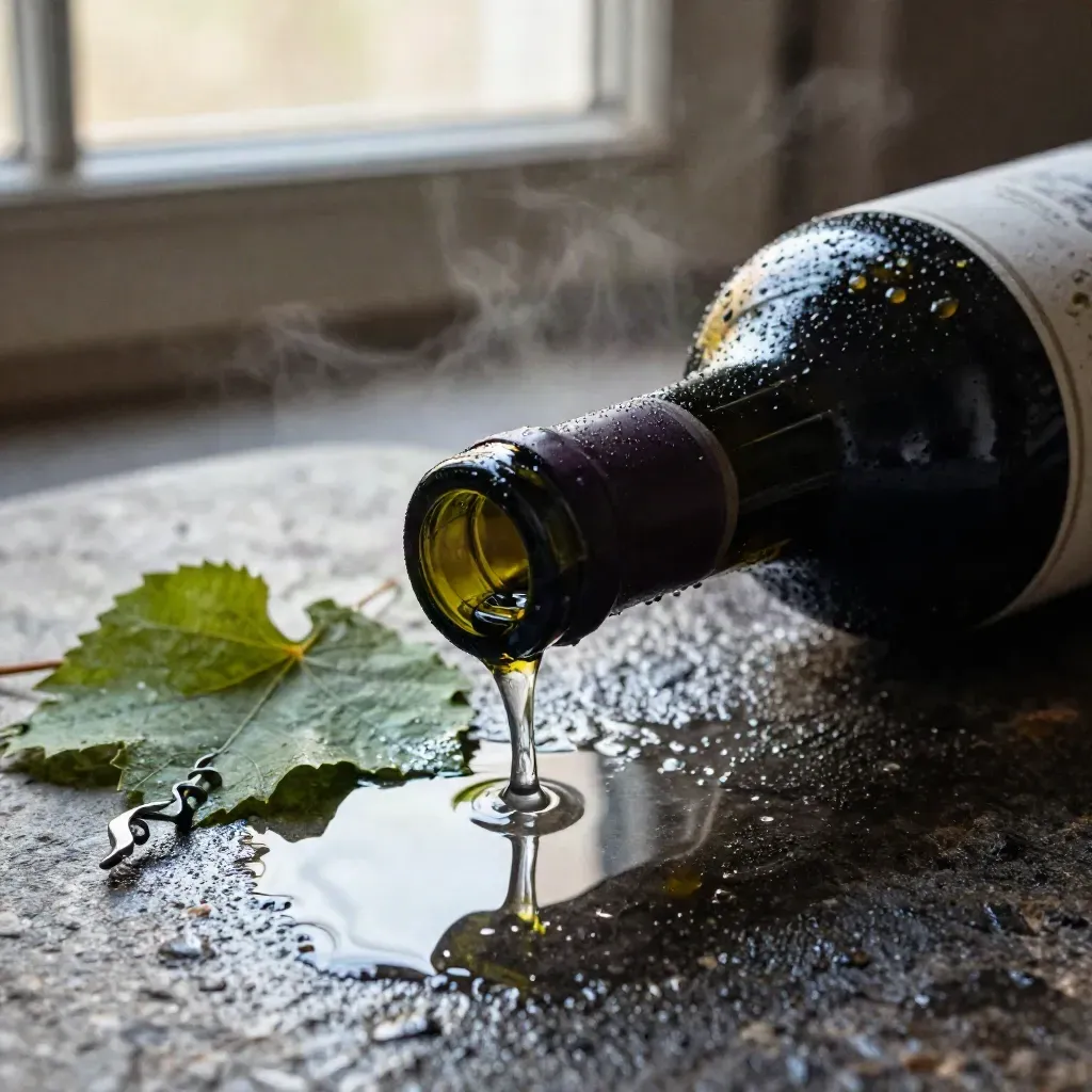 Bottiglia di Barbera d’Asti accanto a pietra bagnata, foglia di vite e cavatappi chiuso