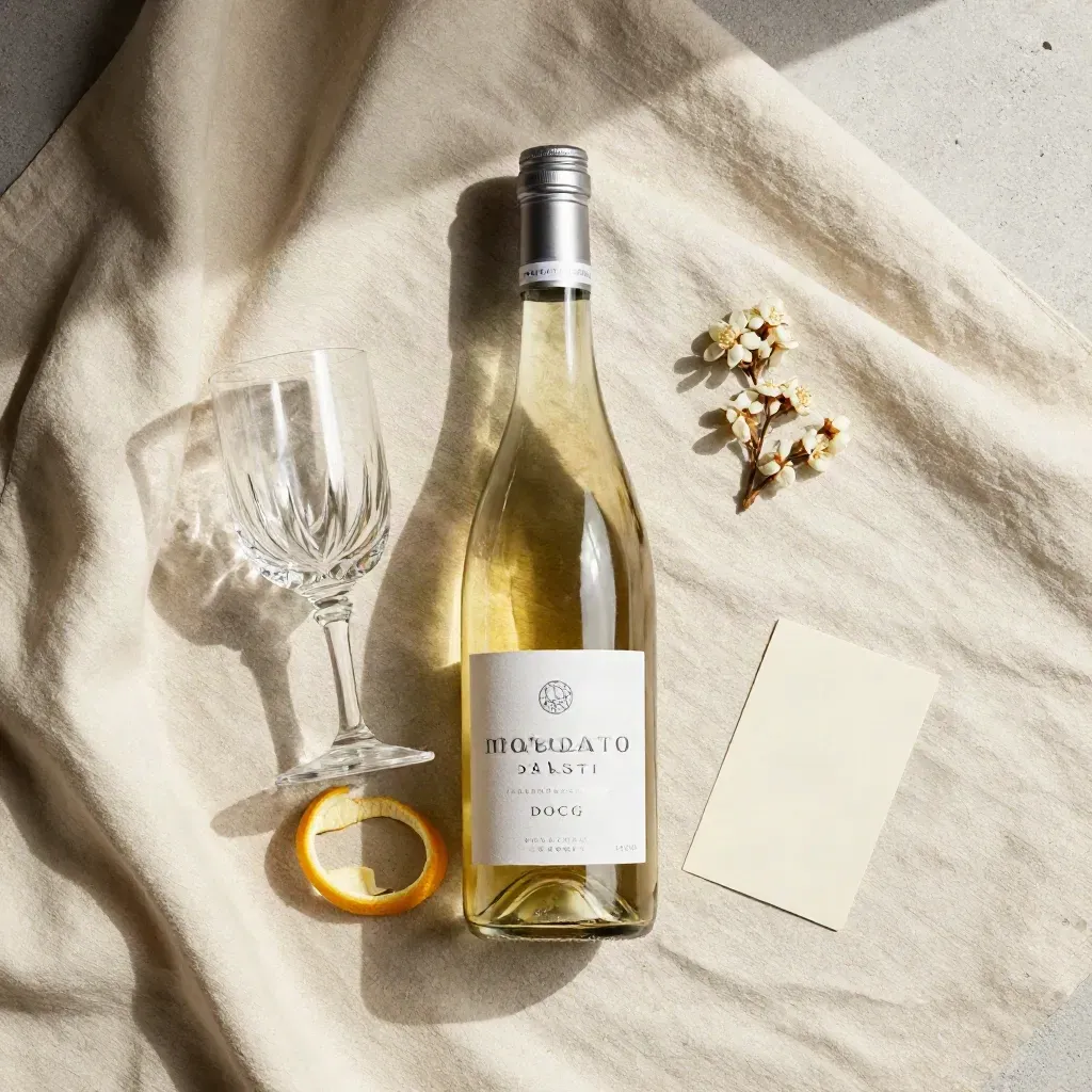 Bottiglia di Moscato d’Asti, calice sottile, fiori secchi bianchi e scorza d’agrumi su lino avorio.