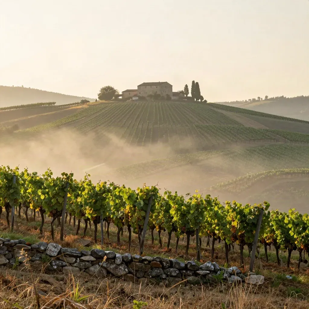 Colline di vigneti nel Piemonte con casale lontano e foschia mattutina.