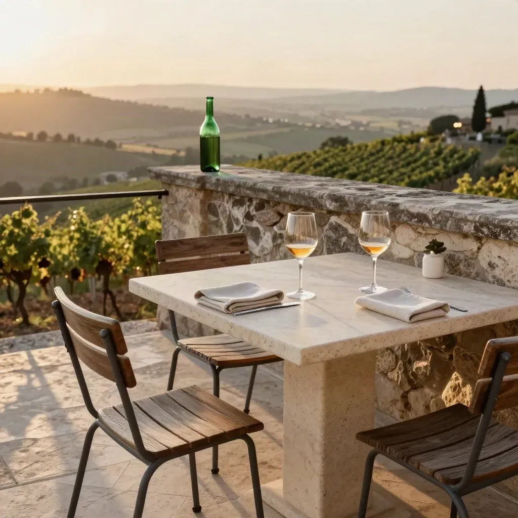 Terrazza collinare al tramonto con tavolo di pietra, calici e filari di vigneti sullo sfondo