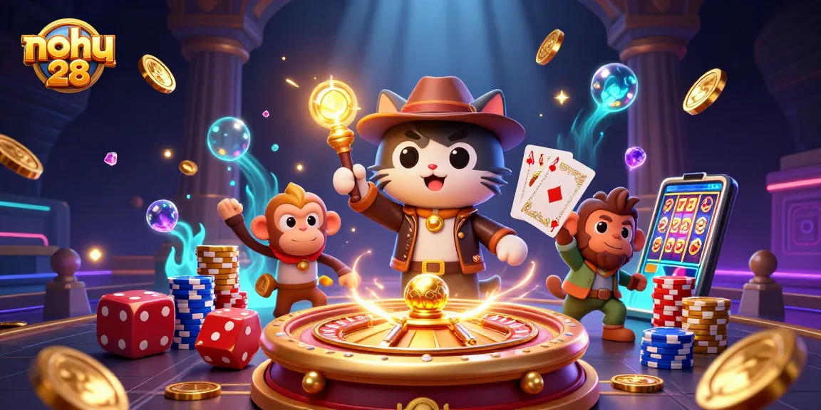 Experience winning excitement at nohu 28 with an explosive casino illustration showcasing jackpots and vibrant gameplay.