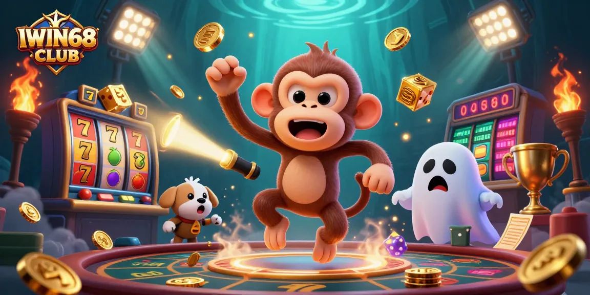 IWIN68 CLUB showcases a lively casino scene with a mischievous monkey and ghost-hunter puppy capturing thrilling moments.