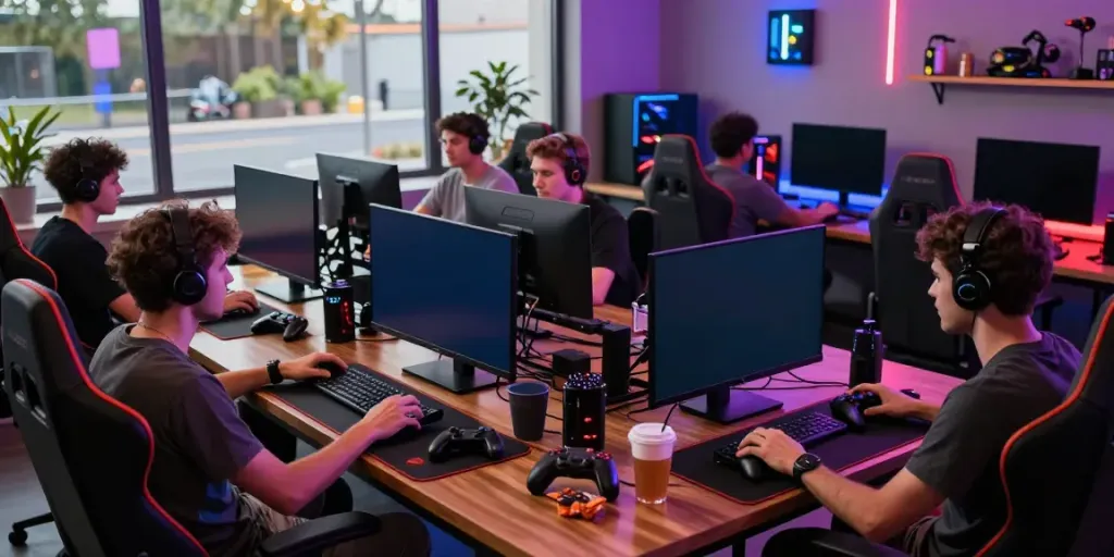Men engaged in gaming activities at a modern lounge showcasing the excitement of rokok88 slot login.