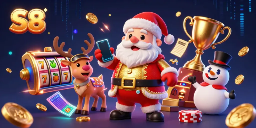 Experience thrilling jackpots at S8 with Santa and casino fun in this vibrant illustration.
