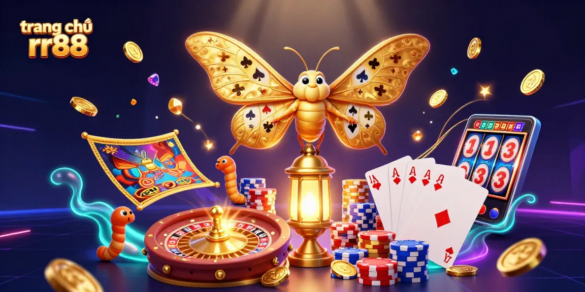 Experience the excitement of trang chủ rr88 with vibrant casino-themed 3D illustration featuring golden moths and sparkling game elements.