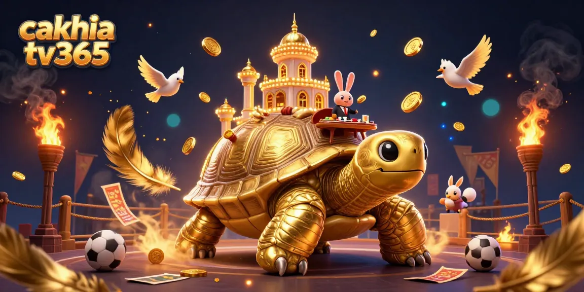 Bet on thrilling matches with cakhia tv365’s vibrant 3D casino scene featuring a golden tortoise and dynamic sports elements.