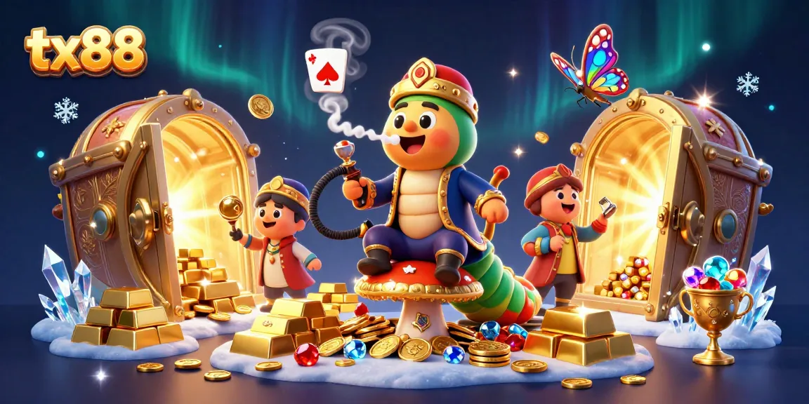 Experience the excitement of tx88 with a vibrant casino scene featuring a whimsical caterpillar and treasure.