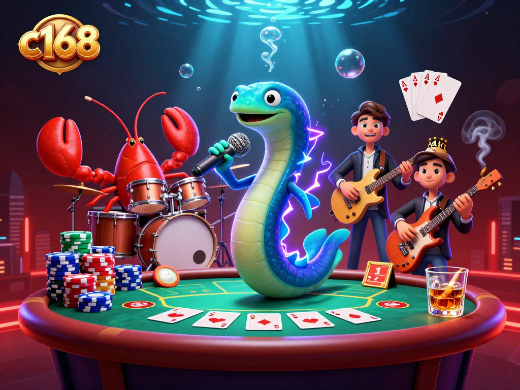 Engage with c168 at a vibrant underwater casino featuring lively characters and thrilling poker action.