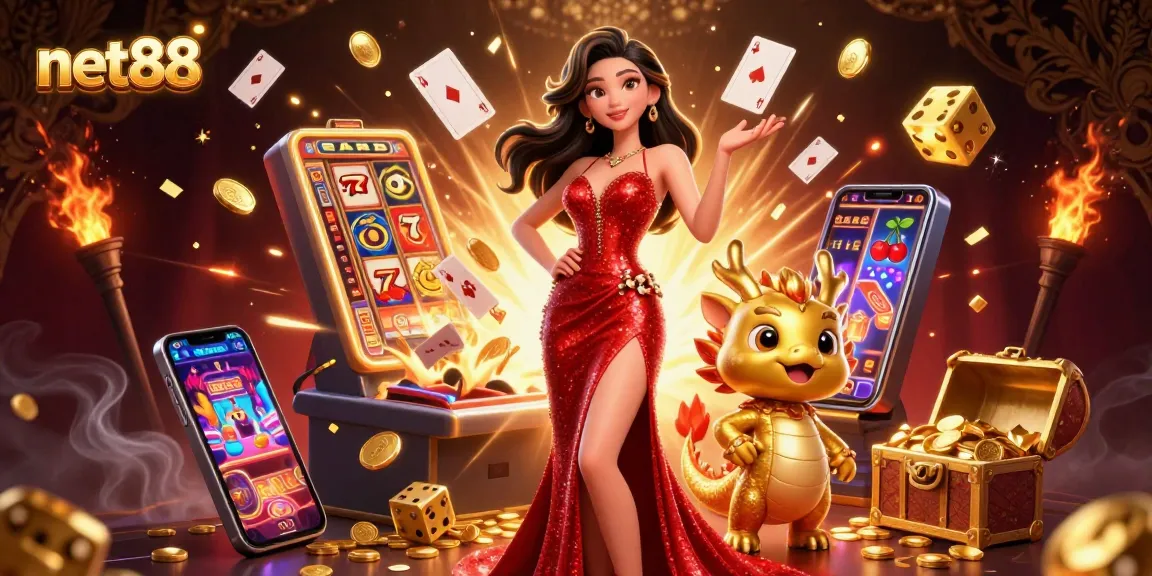 Join the excitement at net88 with a glamorous Asian woman and a golden dragon mascot amidst a casino jackpot!