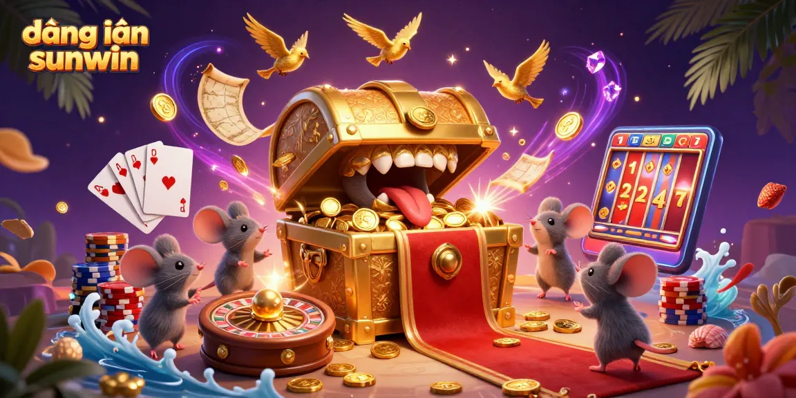 Engage in thrilling gaming at đăng nhập sunwin with a vibrant 3D casino illustration full of treasures and excitement.