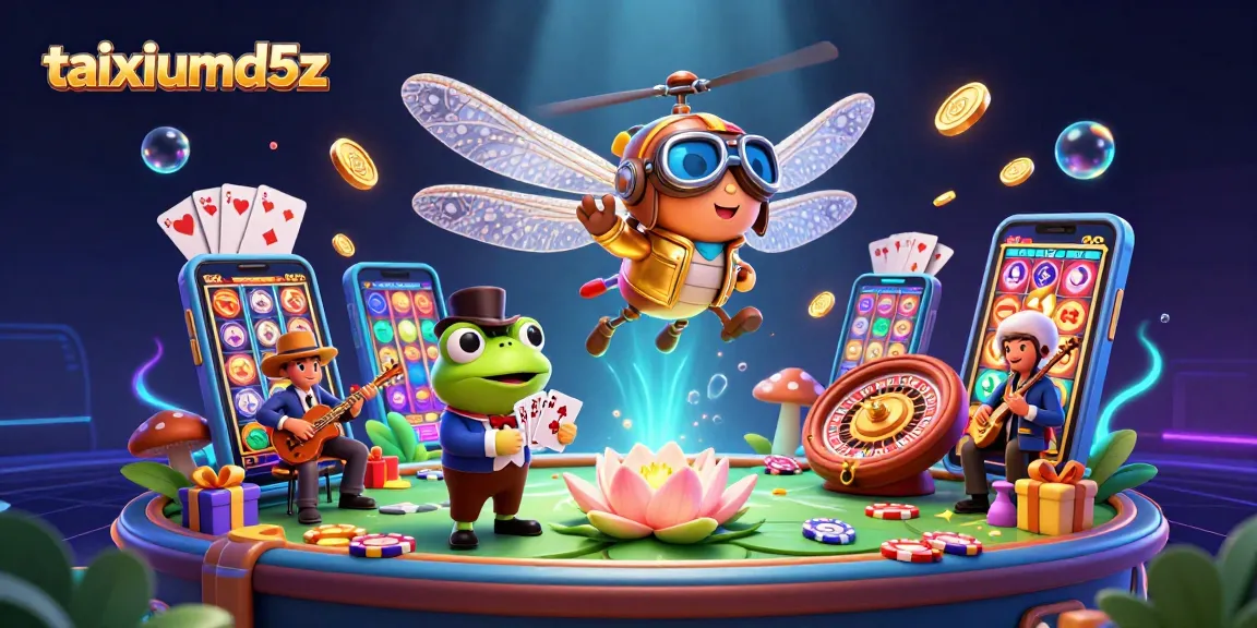 TaiXiuMD5 engages players with vibrant slot games and lively casino action in a whimsical scene.
