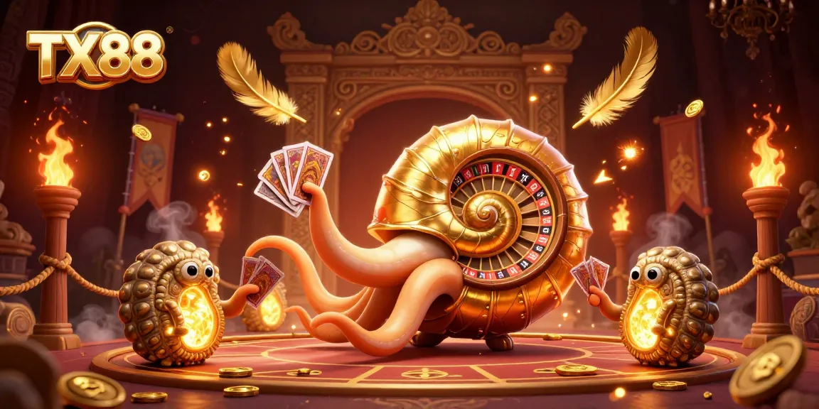 Experience the thrill of TX88 with a dynamic 3D illustration featuring a giant nautilus roulette wheel surrounded by glowing elements.