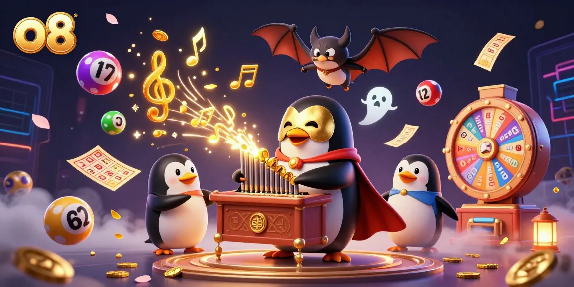 Experience thrilling gameplay at o8 with a vibrant scene of a 3D penguin organist and dynamic lottery elements.