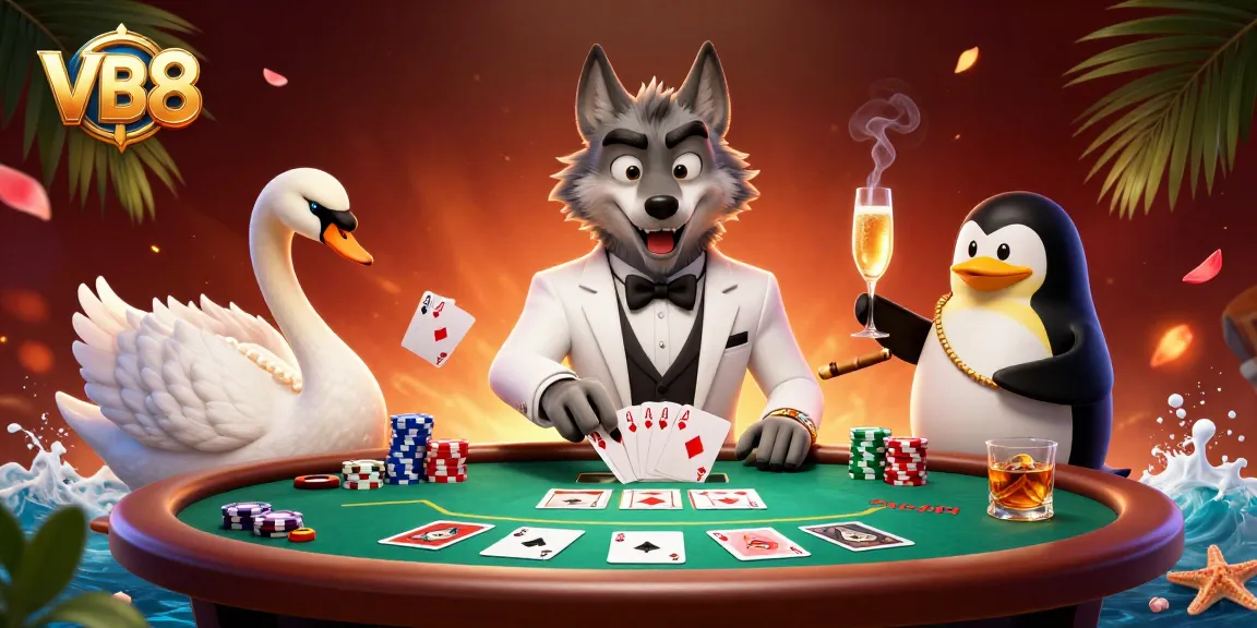 Experience thrilling gameplay at VB8 while vibrant characters play cards in a luxurious casino setting.