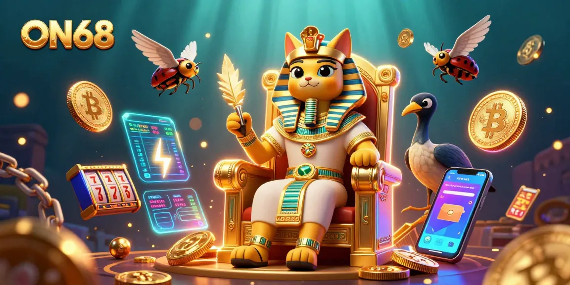 Engage with ON68's vibrant casino scene featuring an Egyptian pharaoh cat among crypto riches and jackpot thrills.