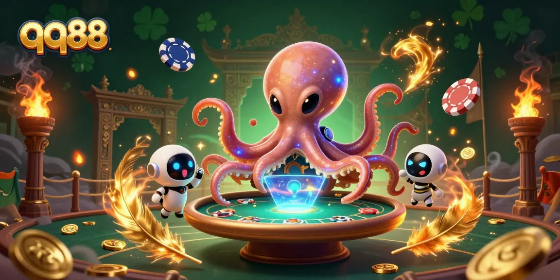 Engage in thrilling gameplay at qq88 with an alien octopus and holographic poker table.