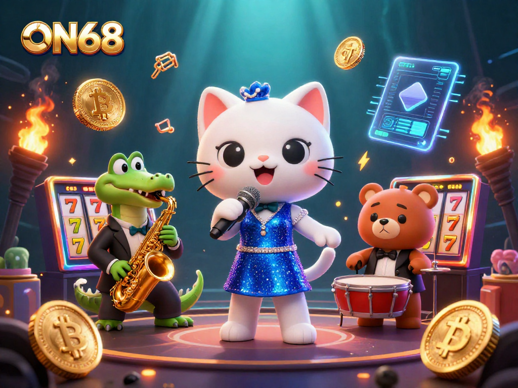 Experience thrilling slots at ON68 with a jazzy cat, crocodile, and bear in a vibrant casino scene.