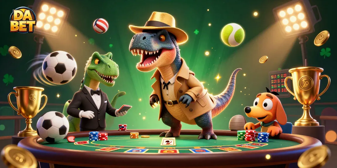 DA BET features a velociraptor card counter at a blackjack table, surrounded by dynamic sports elements.