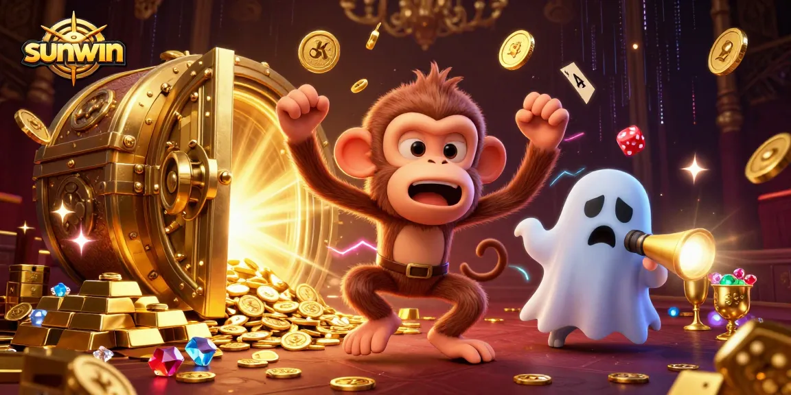 Engage in thrilling gameplay with sunwin's dynamic haunted casino scene featuring a playful poltergeist monkey.