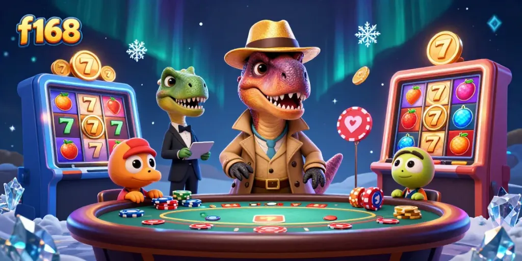 Experience the thrilling f168 casino scene with a velociraptor and friends at a blackjack table amid vibrant slot machines and sparkling effects.