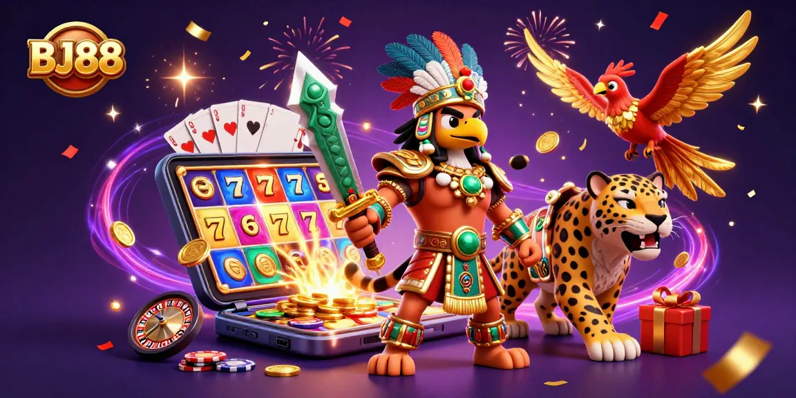 Experience the thrill of BJ88 with a dynamic 3D gambling scene featuring warriors and casino elements.