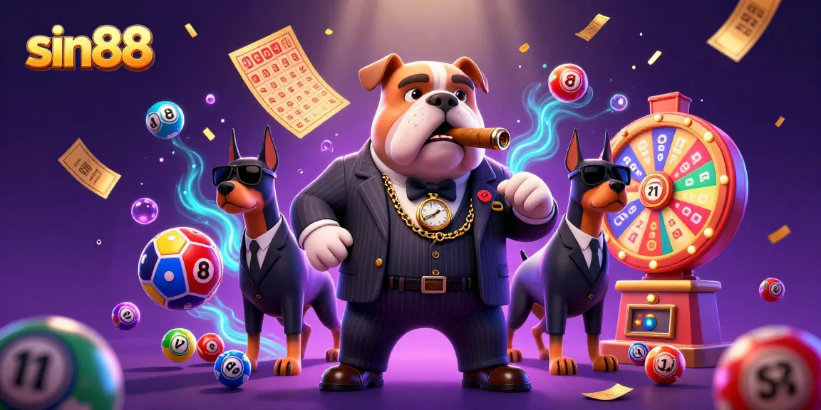 Experience the thrilling action of sin88 as the mafia boss leads a dynamic casino scene with lottery balls and festive elements.