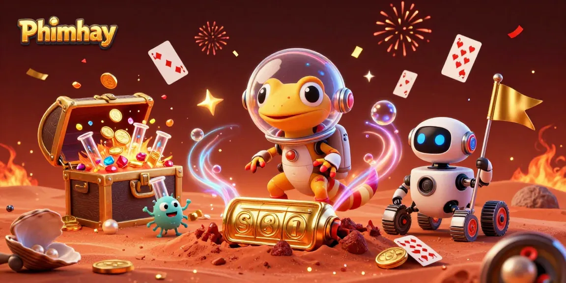 Play and win with Phimhay's vibrant casino-themed 3D illustration featuring exciting elements.