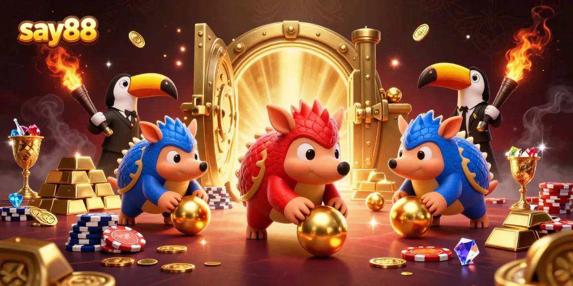 Experience thrilling gameplay at say88 with animated pangolins and casino elements in a vibrant 3D scene.