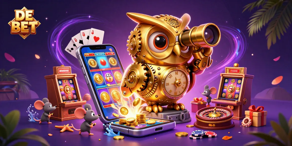 Experience DE BET with a vibrant 3D casino scene showcasing a golden owl and mouse patrons hitting jackpots.