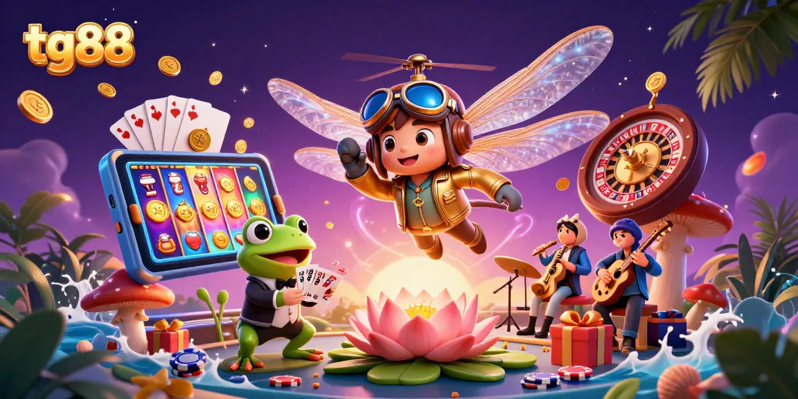Engage with tg88 as a dragonfly pilot hovers over a vibrant lily pad casino scene.