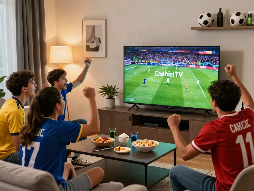 Friends enjoying a live football match on CakhiaTV in a lively living room atmosphere.