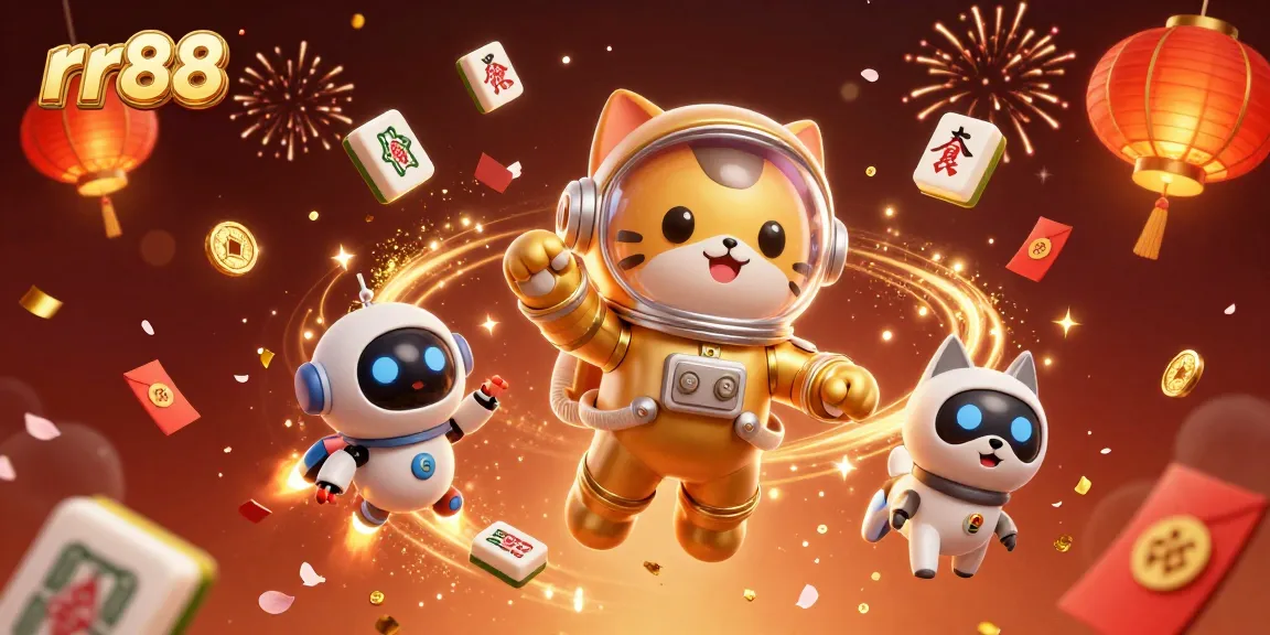 rr88 offers a vibrant gaming experience with the astronaut cat, celebrating wins in a dynamic online casino.
