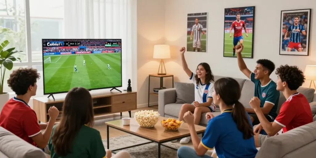CakhiaTV live football event with friends enjoying a cozy viewing party.