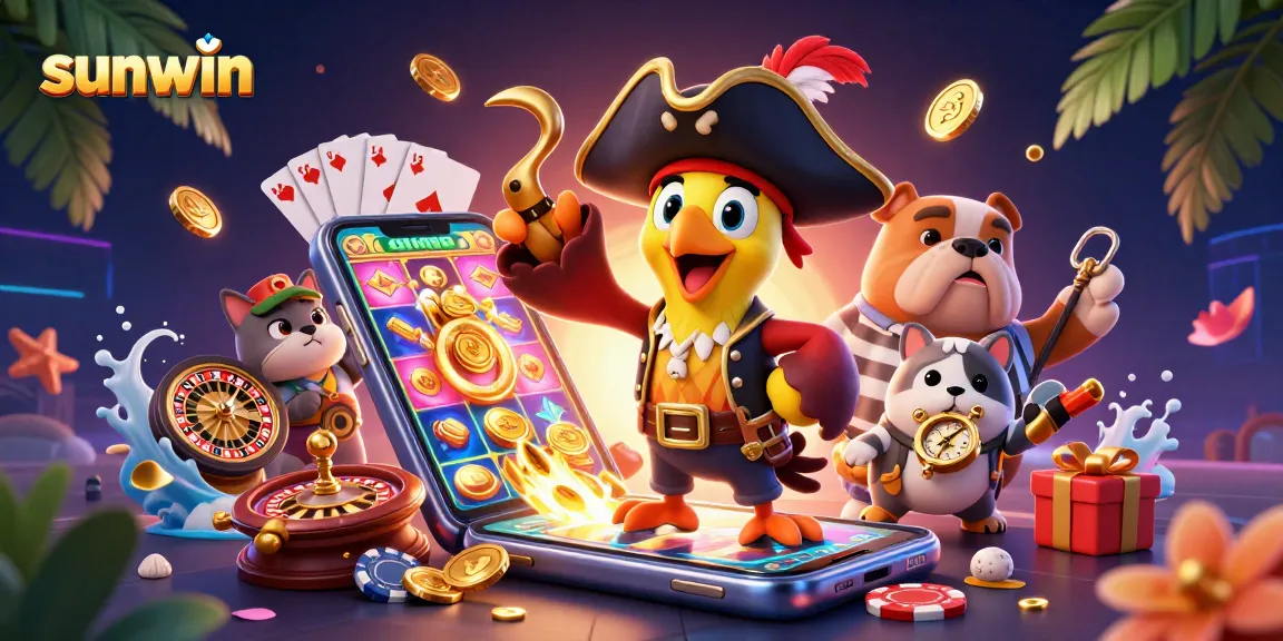 Experience sunwin with dynamic slot games illustrated by colorful casino characters in action.