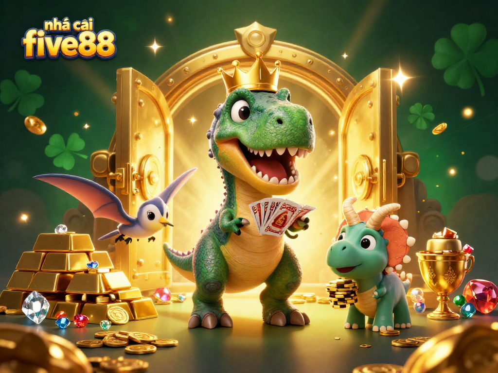 Engaging scene of nhà cái five88 featuring a T-Rex betting with cards, surrounded by treasure and vibrant gems.