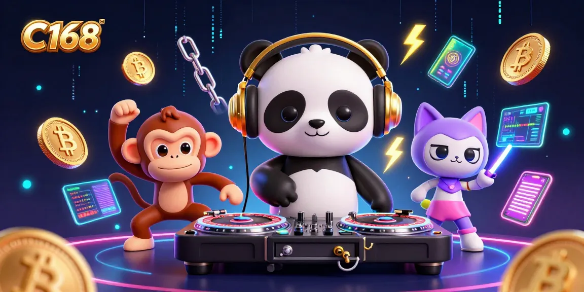 C168 engaging players with fun casino vibes featuring a DJ panda and dancing monkey in a vibrant 3D scene.