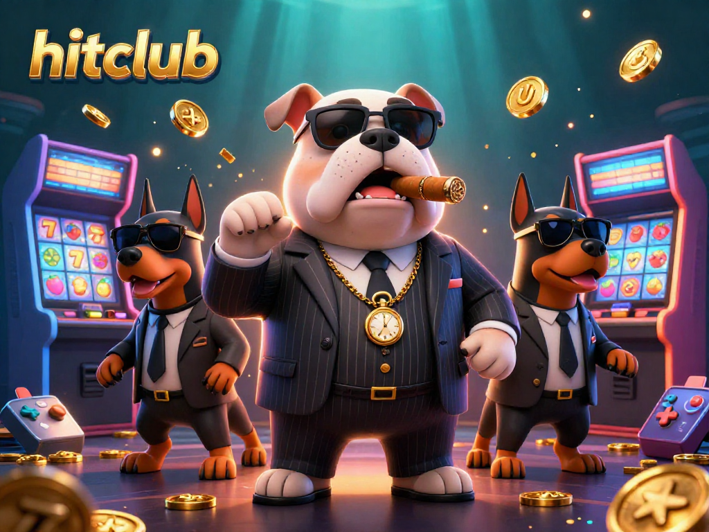 Experience the excitement at hitclub with a mafia-themed 3D casino illustration showcasing vibrant arcade elements.