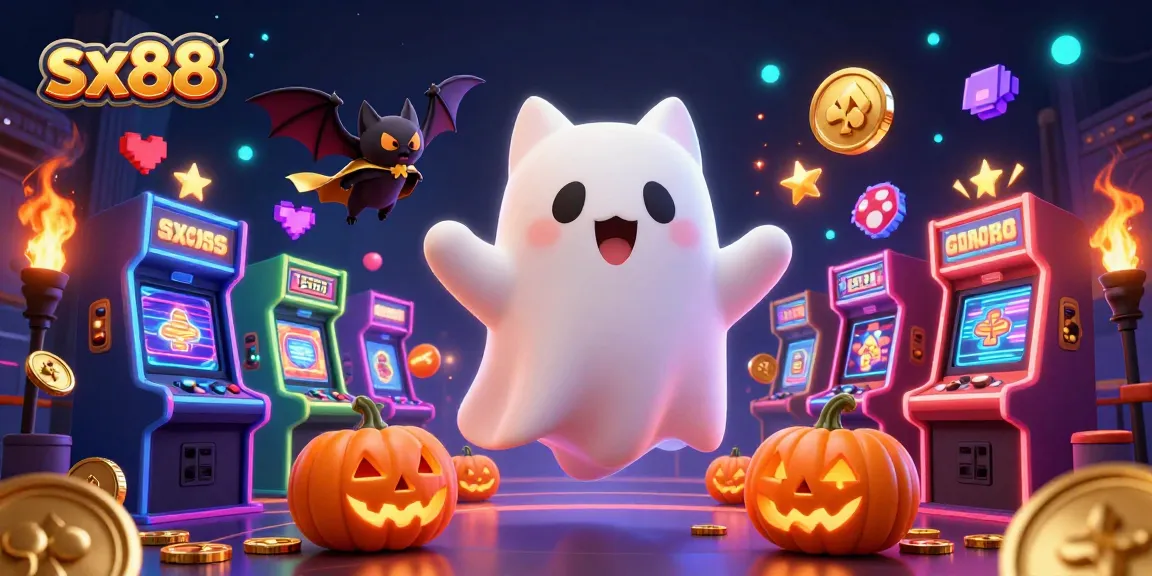 Experience the excitement of sx88 in a bustling casino scene with a friendly ghost cat and spooky elements.