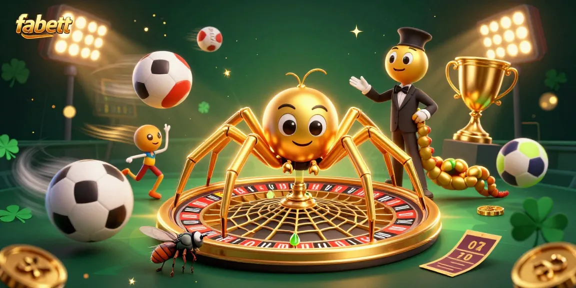Engage in betting excitement with fabett in a vibrant 3D casino scene featuring a golden spider and sports elements.