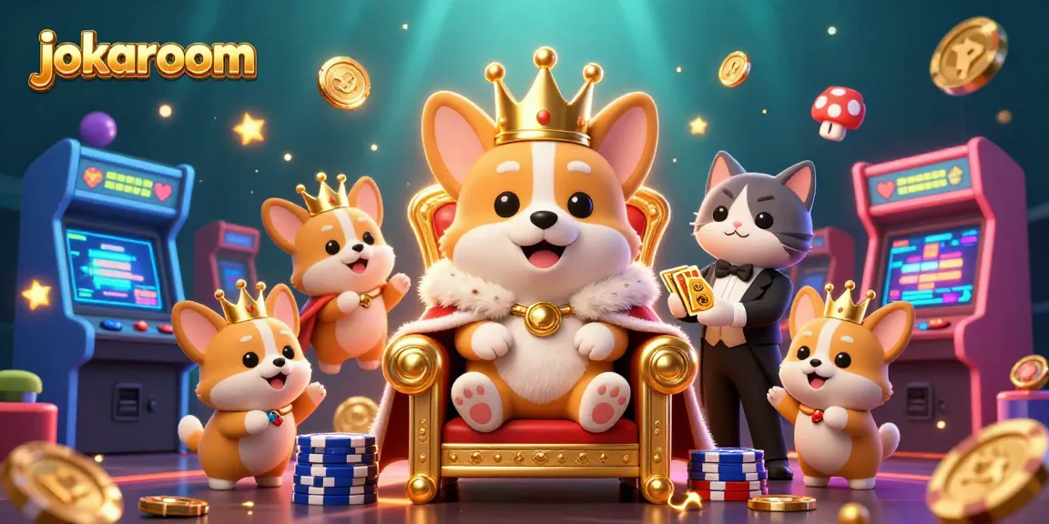 Experience vibrant gaming at jokaroom with our royal corgi surrounded by casino elements