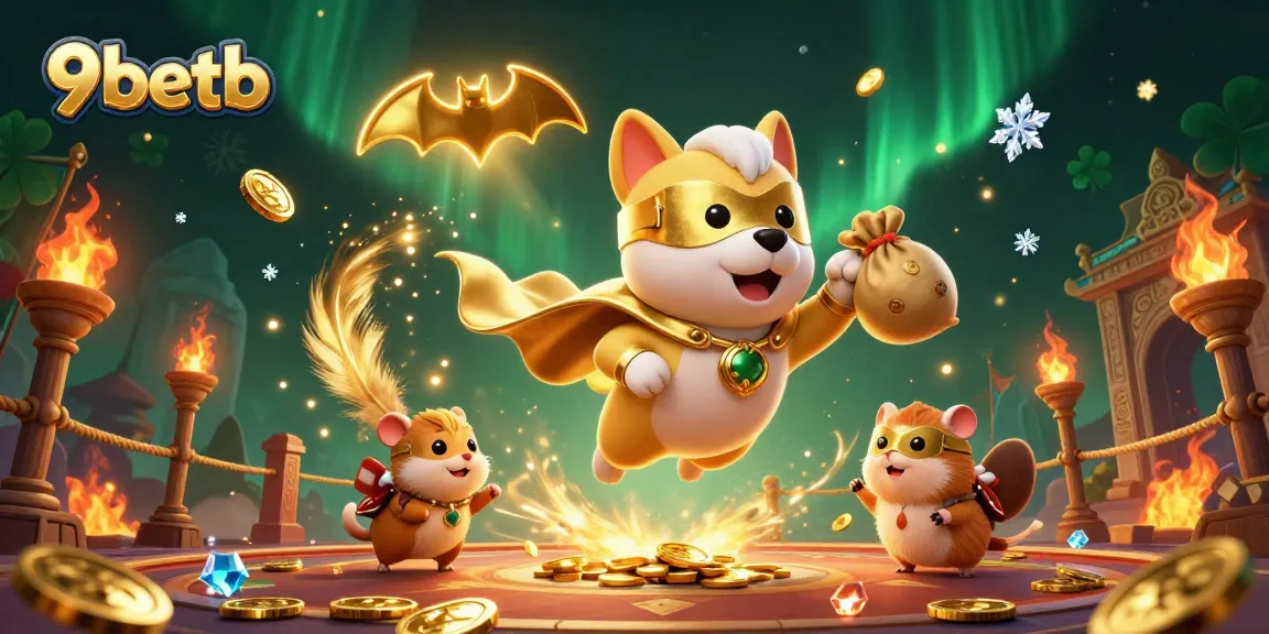 Engage in thrilling play at 9betb with a dynamic scene of a superhero dog and hamster amongst casino elements.