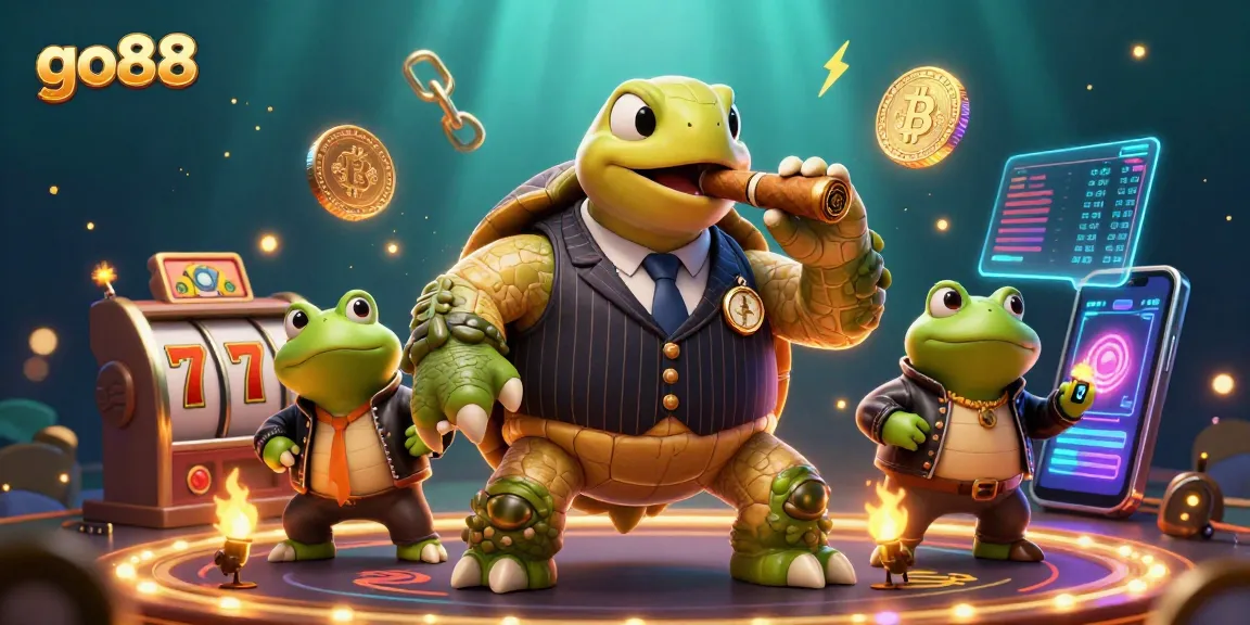 Spin the wheels at go88 with a snapping turtle dressed as a mobster and bullfrogs by its side.
