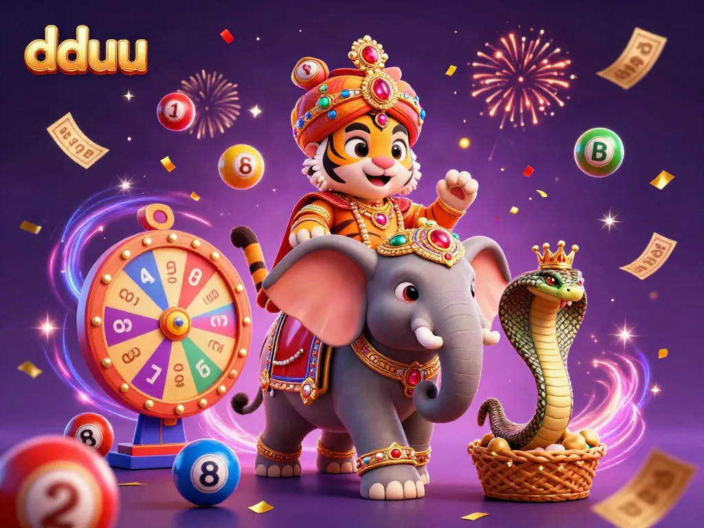 Experience the excitement of dduu with vibrant gaming elements, a majestic maharaja tiger, and celebratory visuals.