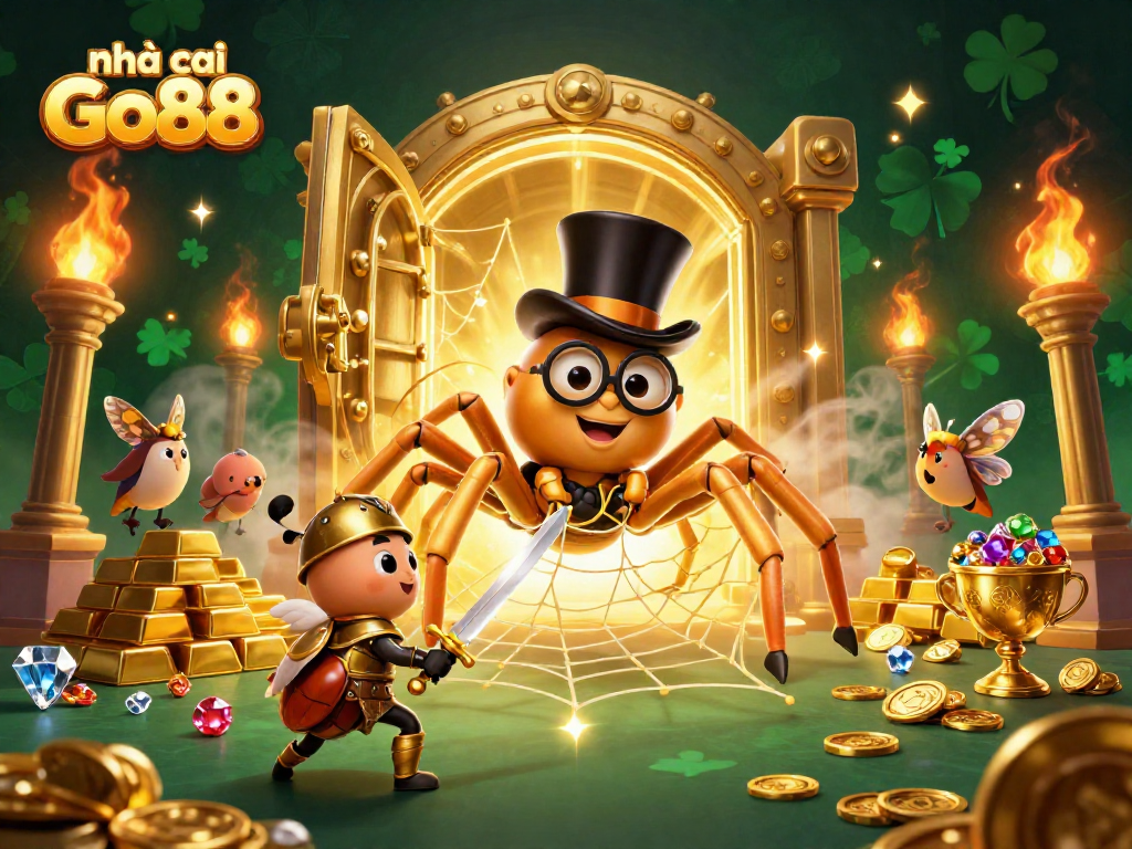 Experience the thrilling action of nhà cái Go88 with a vibrant, colorful casino scene featuring a golden tarantula and brave beetle knight.