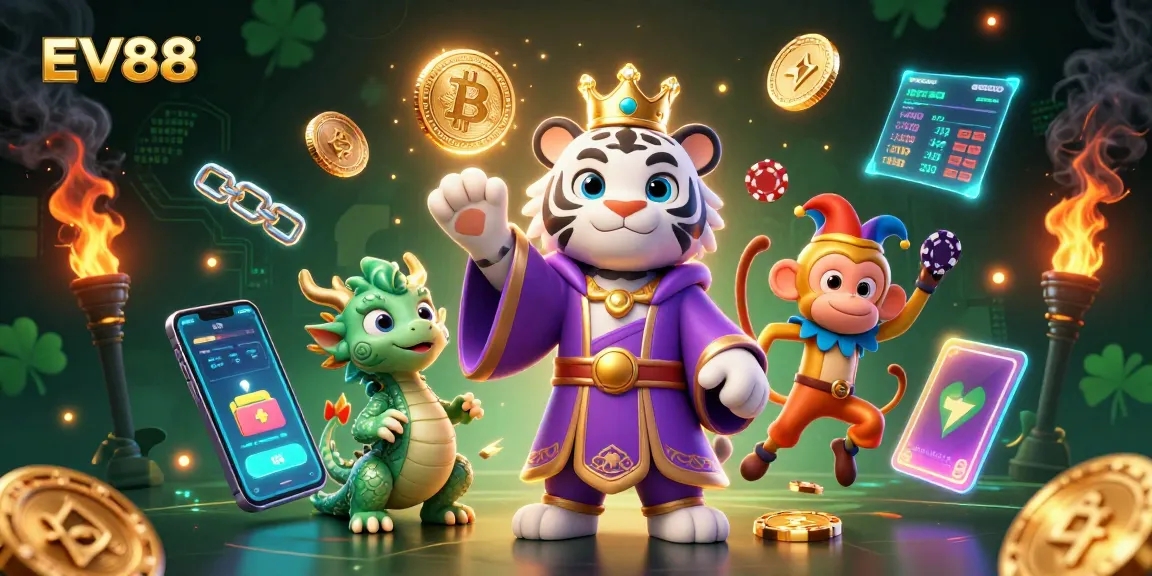 Join the thrilling EV88 world of online gambling with unique casino characters and vibrant game elements.