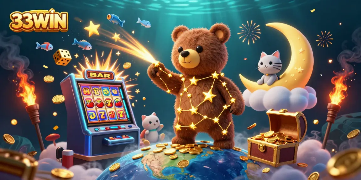 Play slots and win big with 33WIN in this vibrant, dynamic casino illustration.