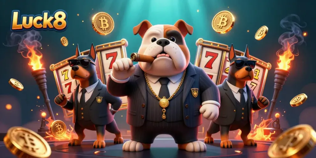 Luck8 featuring a mafia bulldog and bodyguards with slot reels and cryptocurrency coins set in a casino theme.