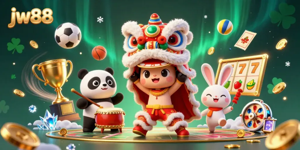 Engage with jw88 casino experiences in a vibrant scene filled with exciting games and festive elements.