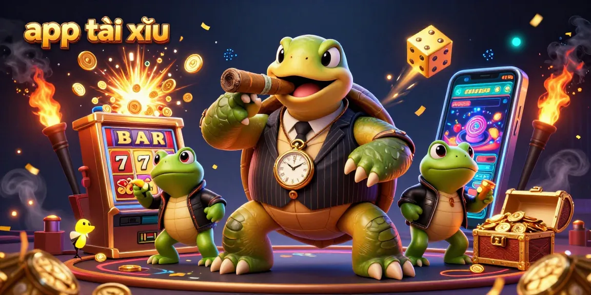 Experience the thrilling app tài xỉu with colorful casino action featuring golden dice and a vibrant slot machine.