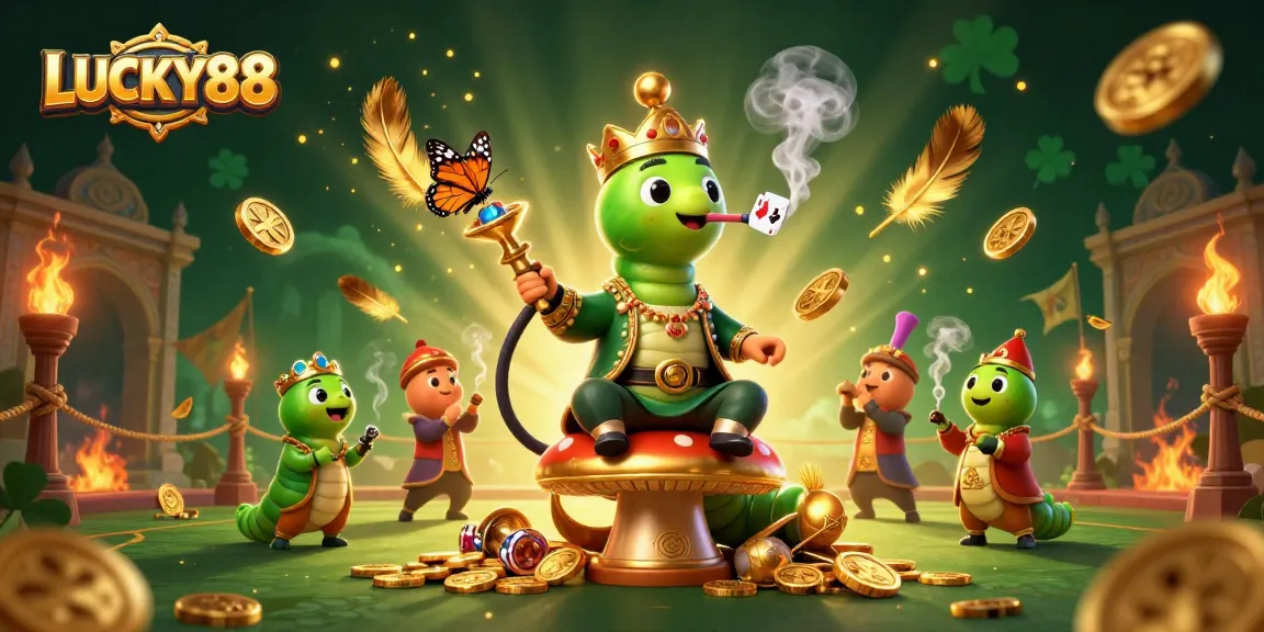 Engage in thrilling bets at LUCKY88 with vibrant visuals of a 3D caterpillar master and casino elements.